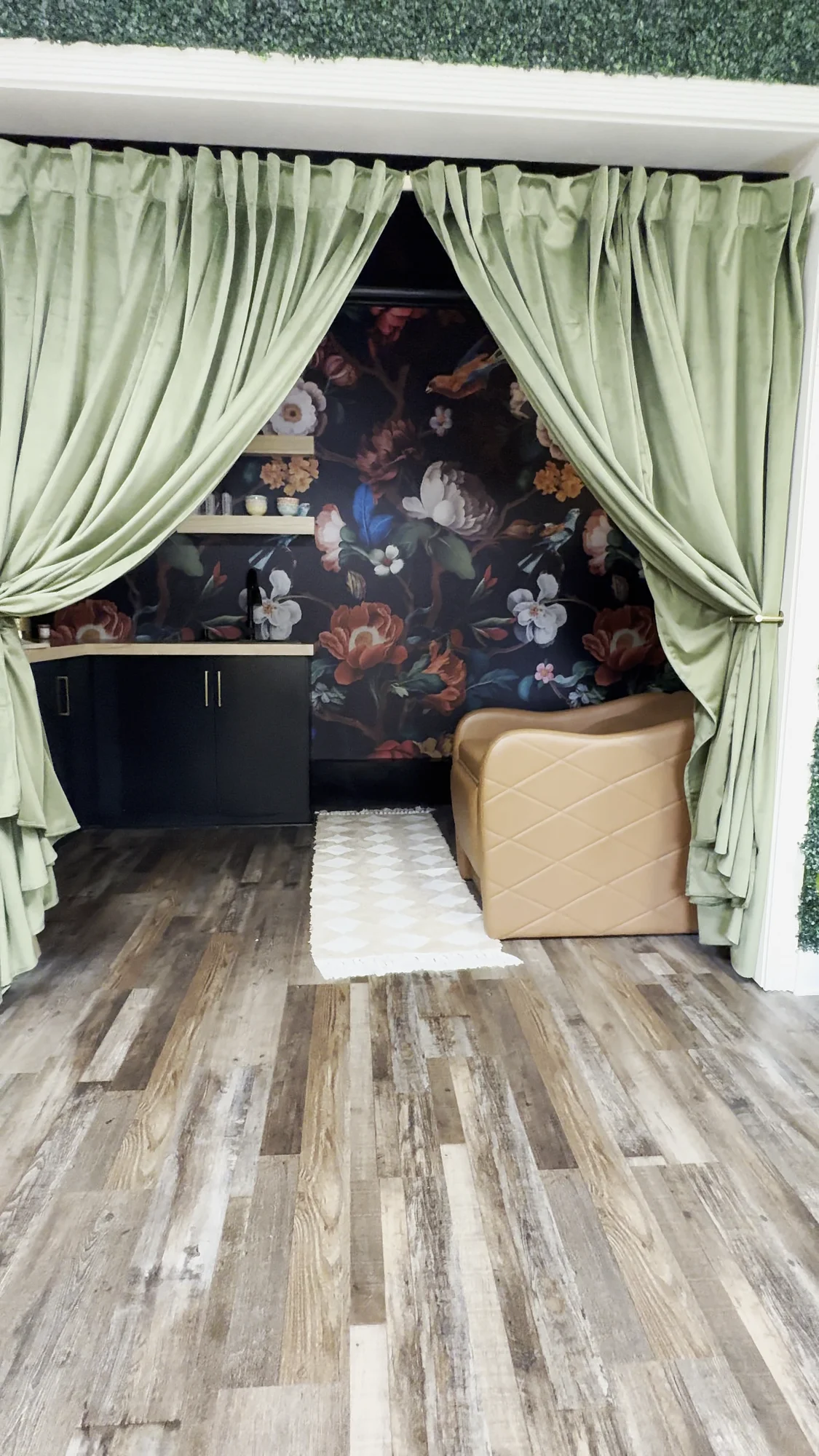Behind the green velvet curtain: the dark floral wash room at Baylea Joanne