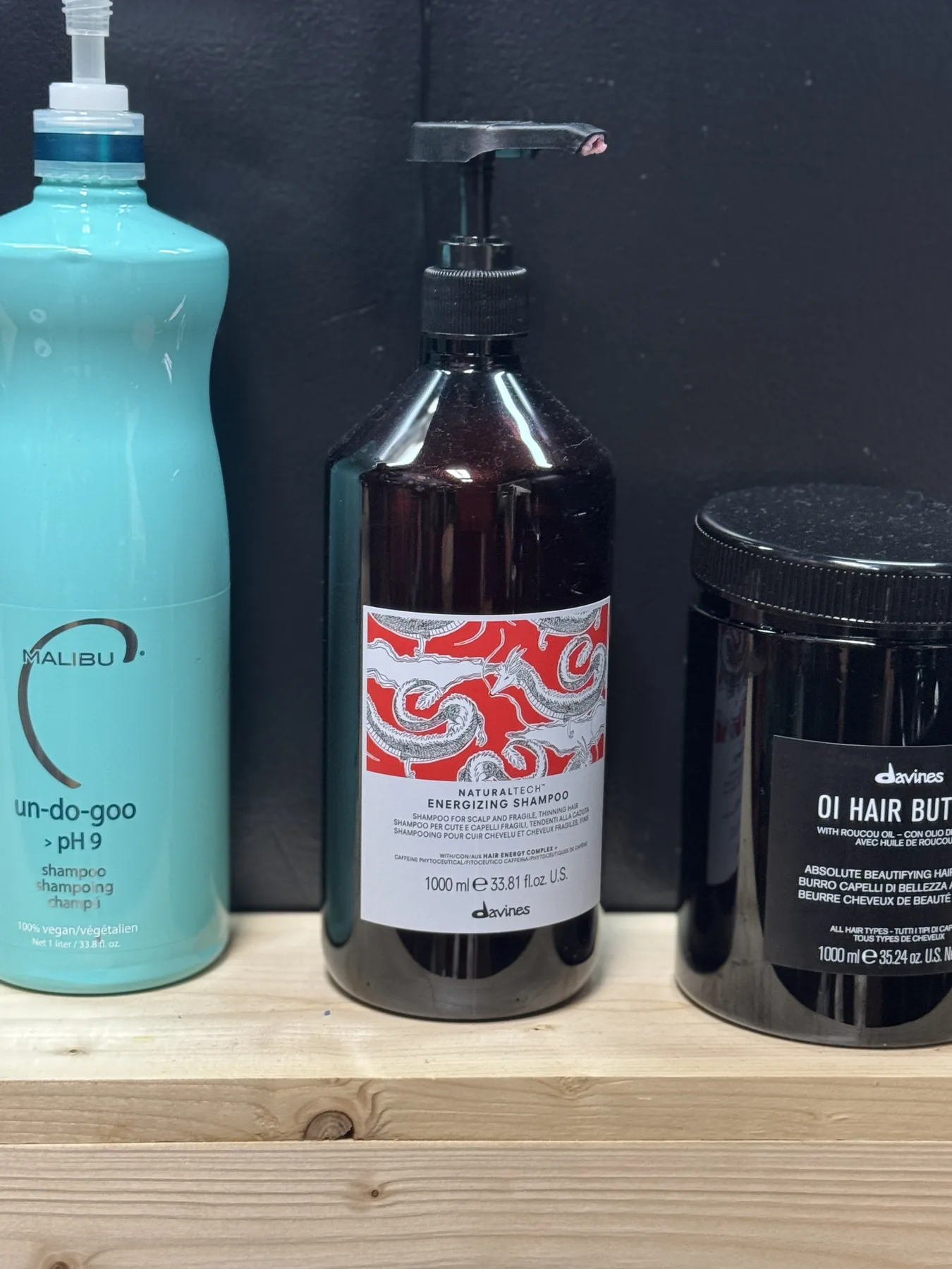 The backbar: professional product on the wood shelf