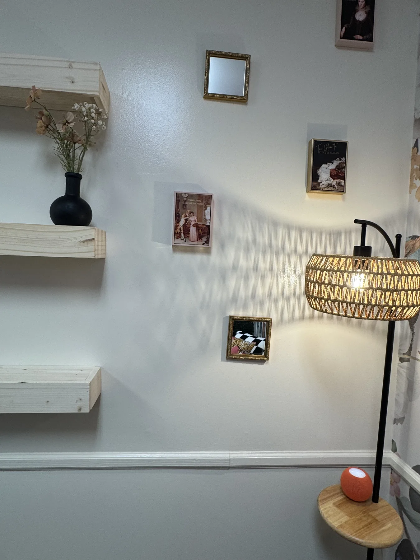 The retail shelf and rattan lamp in the styling room